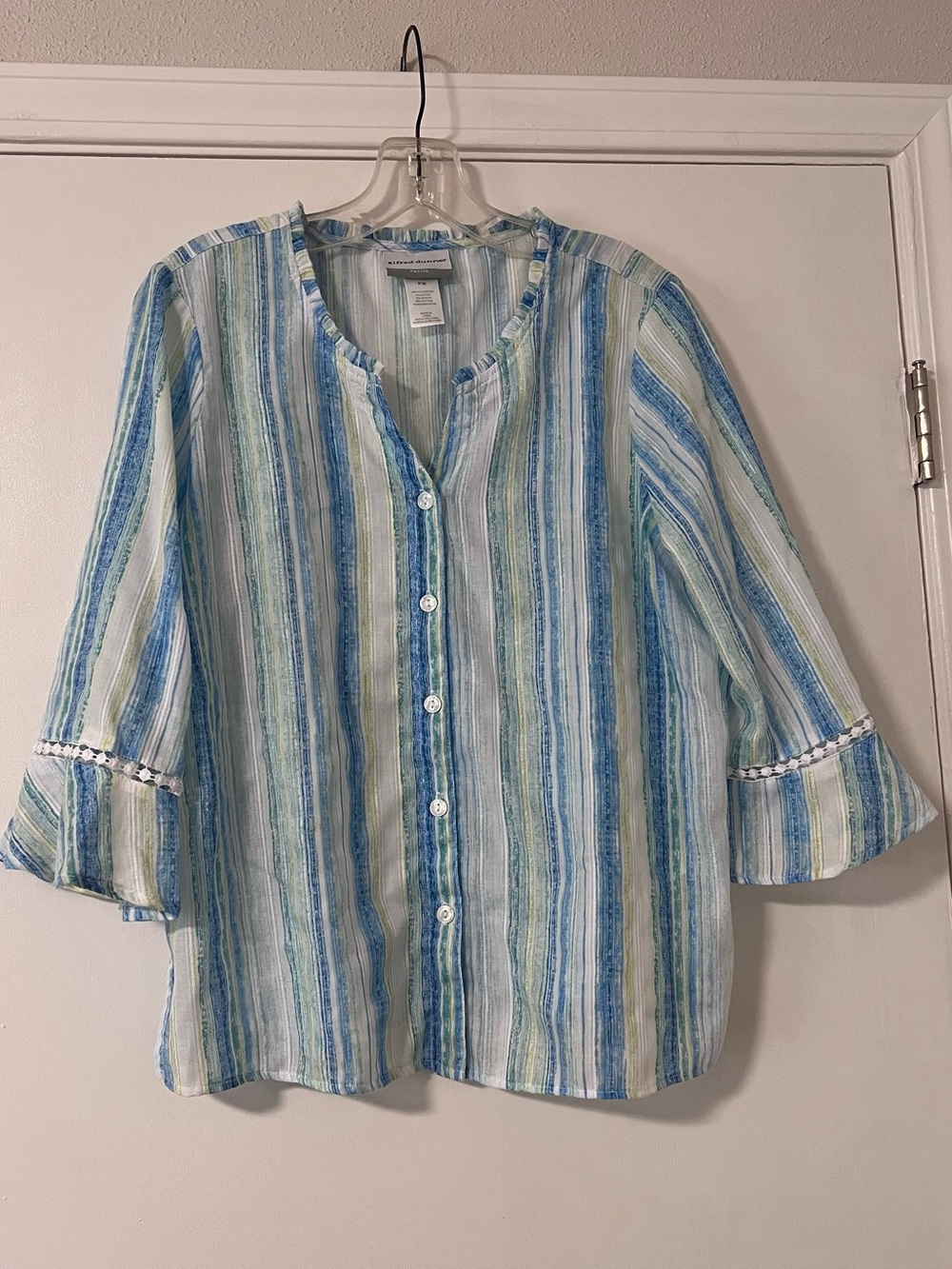 Alfred Dunner Petite Hyannisport Stripe Button Down Blue Green Blouse Size PM